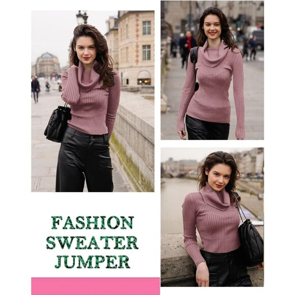 Women’s Berry Cowl Neck Knit Long Sleeve Bodycon Stretchable Slim Fit Sweater - Picture 5 of 5